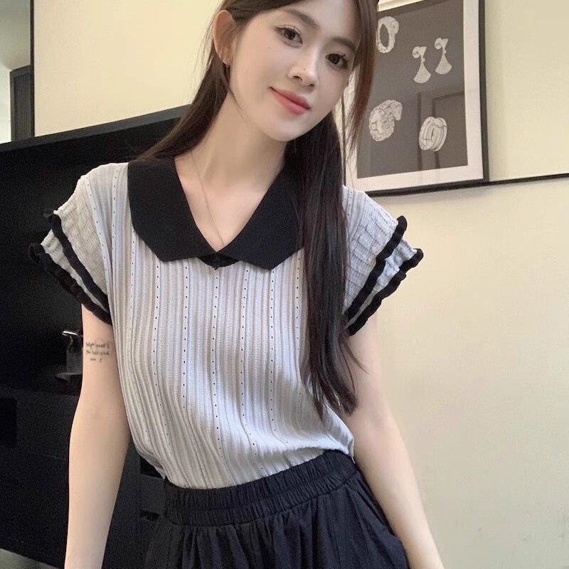 Color-Blocked Doll Collar Ice Silk Short-Sleeve Flutter Sleeve Top, Stylish T-Shirt, New Summer Short Knit Top for Women