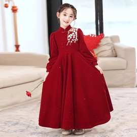 儿童走秀礼服2025新款酒红色新中式国风拜年公主裙女童钢琴演出服