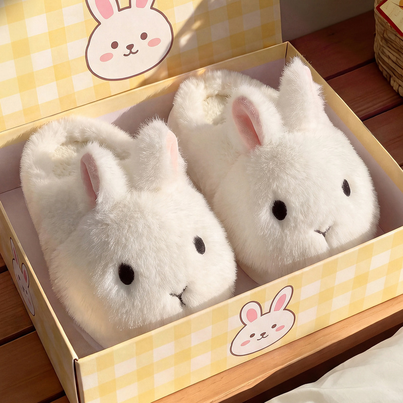 Cute rabbit-shaped cotton slippers, women's style, for autumn and winter, suitable for indoor use, non-slip, fluffy, warm, and featuring a cartoon design; wholesale available Cute rabbit-shaped cotton slippers, women's style, for autumn and winter, suitable for indoor use, non-slip, fluffy, warm, and featuring a cartoon design; wholesale available