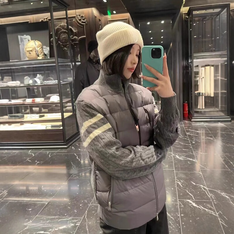 2025新款立领拉链条纹毛线拼接羽绒服时尚白鸭绒夹克外套男女同款|undefined