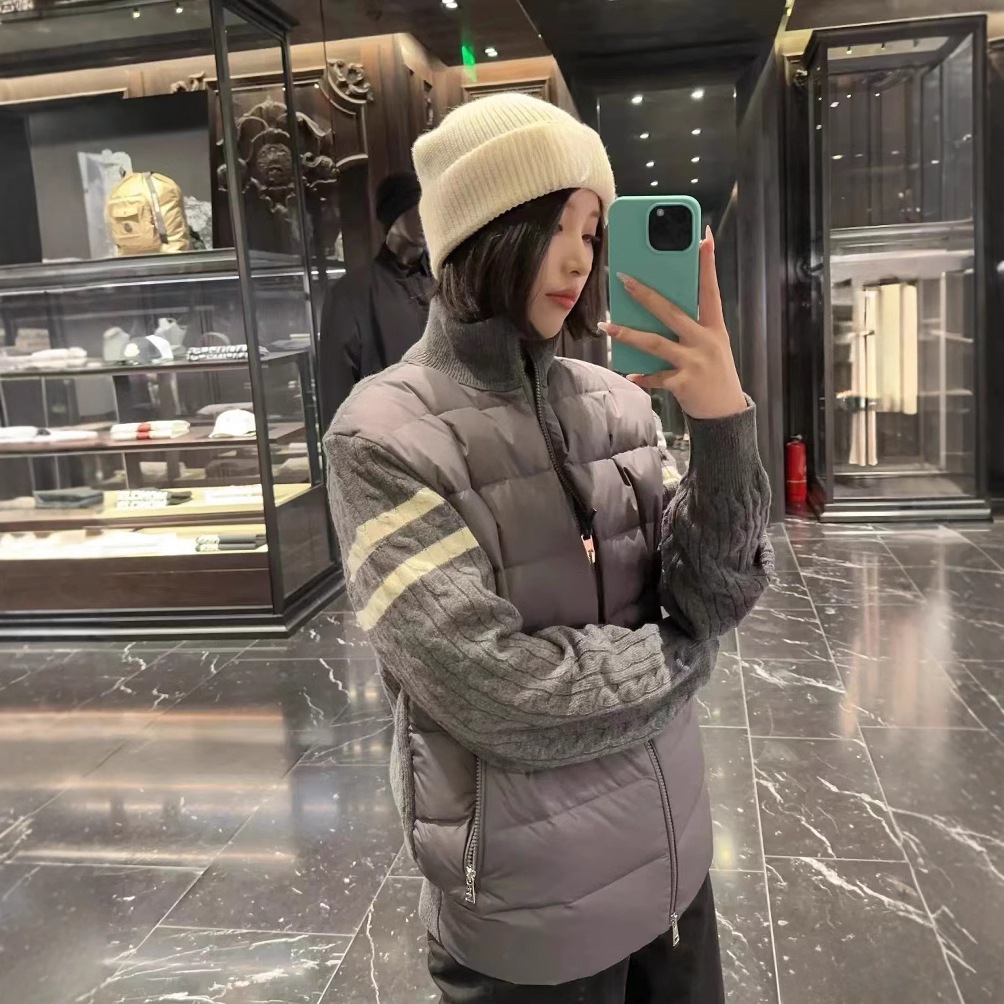 2025新款立领拉链条纹毛线拼接羽绒服时尚白鸭绒夹克外套男女同款