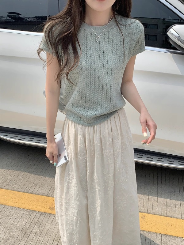 批发正肩镂空气质针织衫休闲女春夏设计感短款短袖天丝圆领打底衫|undefined