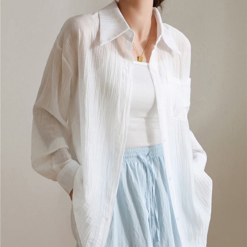 2025 Tencel White Shirt for Women, Long-Sleeved Sun Protection Shirt, Spring and Summer Design, Loose and Gentle Style, Versatile Top