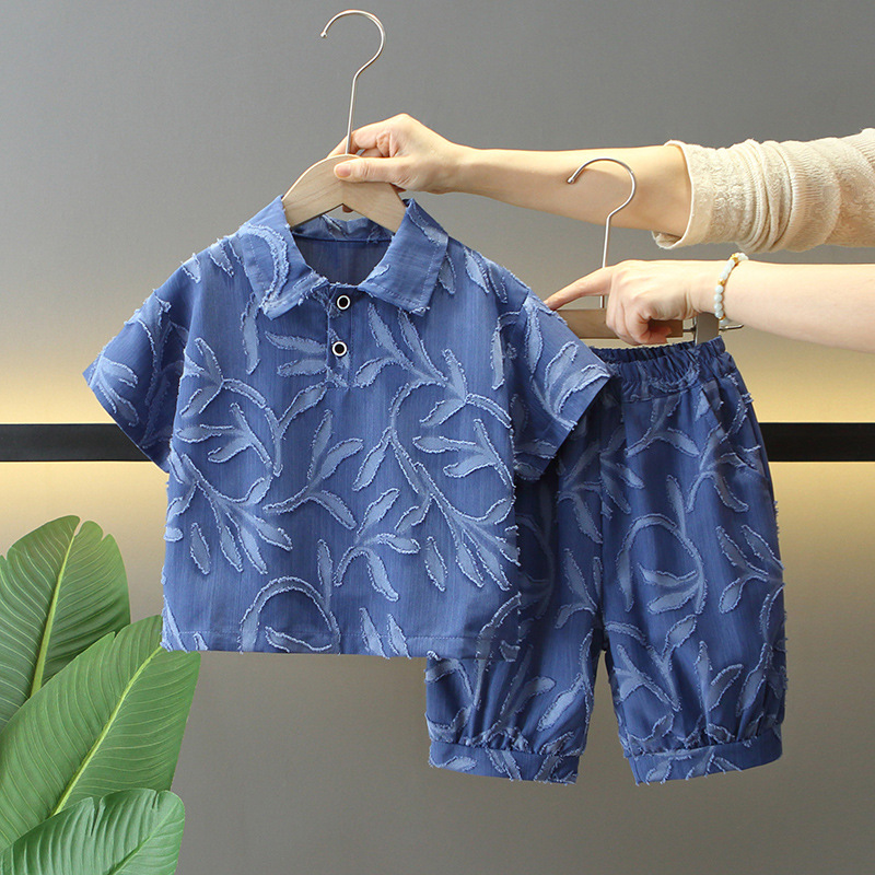 8100 traje de verano para niños 2025 nuevo vestido de verano para niños de moda jacquard manga corta niño neto de dos piezas de moda