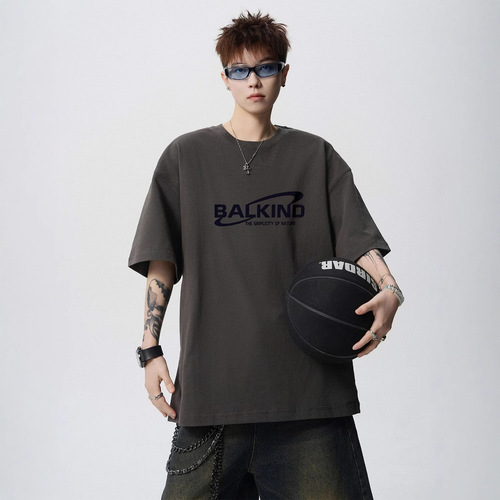 220g heavyweight short-sleeve T-shirt for men, summer drop shoulder loose 7/8 sleeve T-shirt, oversize versatile half-sleeve 5/8 sleeve