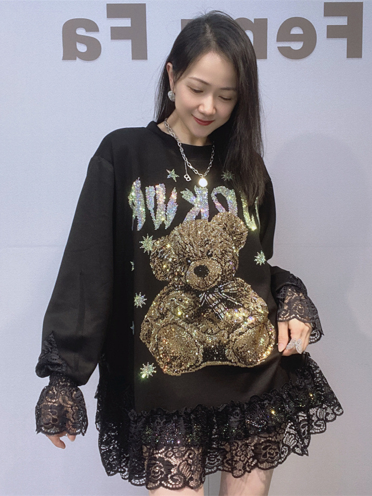 Gran tamaño de ropa de mujer europea y americana suelta alta sensación de manga larga camiseta de invierno y otoño de encaje empalmado de diamante cuello redondo image 1