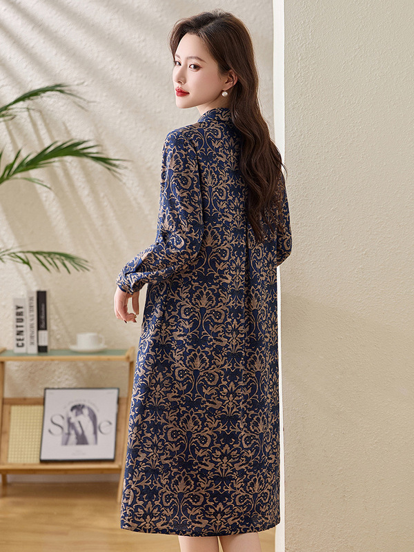 复古印花衬衫裙女2025春秋新款文艺风POLO领百搭显瘦长袖连衣裙|undefined