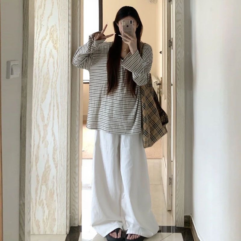韩系穿搭条纹慵懒风长袖t恤衫女秋2025新款显瘦宽松chic百搭上衣|undefined