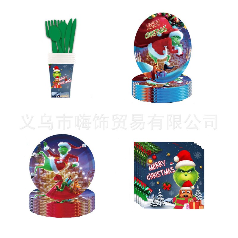 Christmas Green Hair Monster Grinch Disposable Paper Cup Plate Flag Tableware Birthday Christmas Party Atmosphere Arrangement