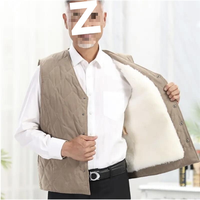 Western Region Leather Autumn and Winter Wool Vest for Men, Sheepskin Integrated Lamb Vest, Thickened Fleece Waistcoat for Middle-Aged and Elderly, Pure Wool