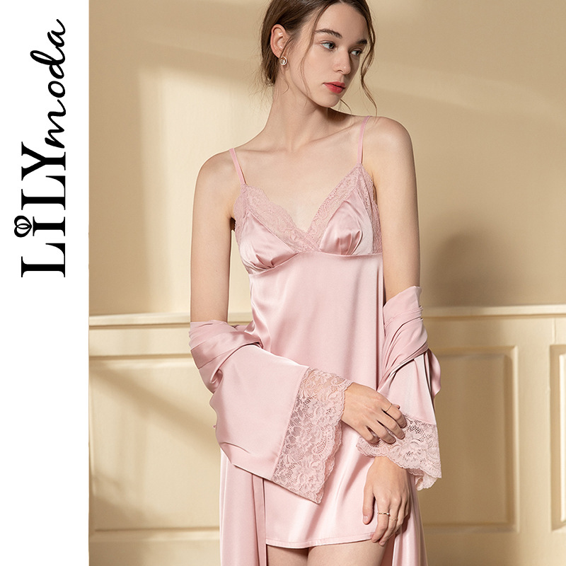 Factory Direct home wear women's thin spring and summer sexy pajamas artificial silk sexy casual nightdress nightgown suit