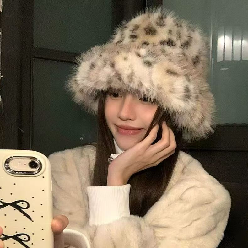 Cappello da pescatore coreano Ins Blogger Fever, stesso stile, autunno inverno, nuovo modello leopardato, in peluche, che snellisce il viso_voghion.com