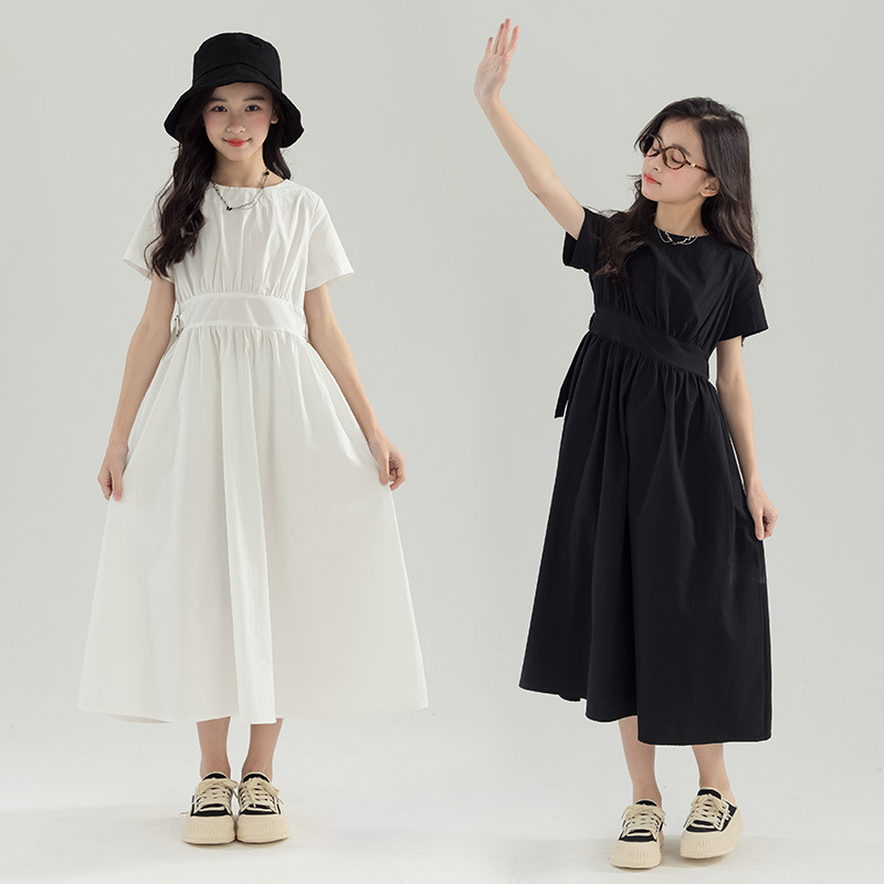 Girls' White Short-Sleeved Petticoat, New Summer Style for Older Children, Family Matching Outfit, Black Elegant Waist-Cinching Mid-Length Dress Girls' White Short-Sleeved Petticoat, New Summer Style for Older Children, Family Matching Outfit, Black Elegant Waist-Cinching Mid-Length Dress