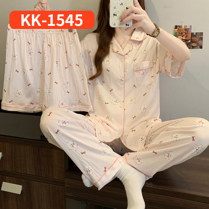 ネットセレブ人気の女性用半袖パジャマ、夏のストライプリボン、スイートホーム服、しわのある布の3点セット、リアルショット卸売|undefined