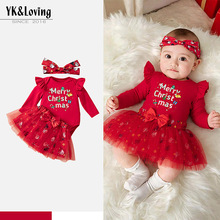 儿童欧美秋冬季款女童圣诞节圣诞字母图案长袖飞袖哈衣裙套装ins