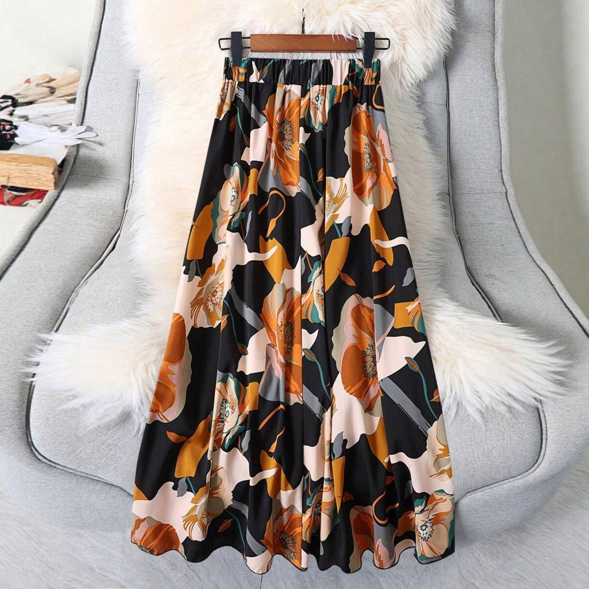 Cross-Border Skirt for Women 2025 Spring and Autumn New Loose Slimming Large Hem Long Skirt Floral Half Skirt Pleated Design Skirt