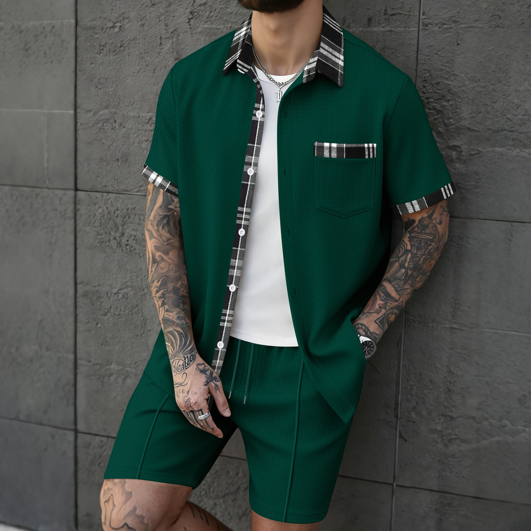 Men's Breathable Waffle Plaid Patchwork Cardigan Shirt And Shorts Set Short Sleeved Casual Suit_viptrois.com