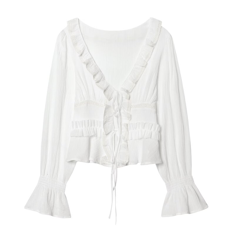 PB&ZA cross-border foreign trade women's clothing sweet and fashionable V-neck sheer embroidered layered decorative long-sleeve shirt 0881016 PB&ZA cross-border foreign trade women's clothing sweet and fashionable V-neck sheer embroidered layered decorative long-sleeve shirt 0881016