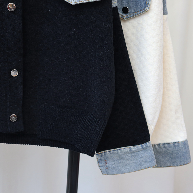 Women's Clothing autumn and winter new splicing denim knitted cardigan loose contrast color casual temperament sweater jacket for women_voghion.com