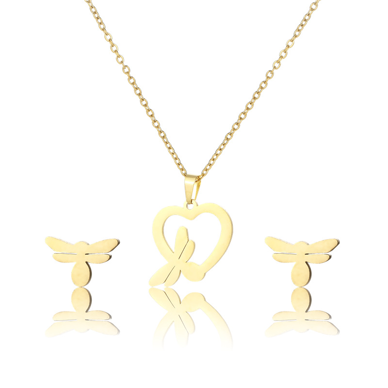 Fashion Heart-shaped Dragonfly Stainless Steel Earrings Necklace Set