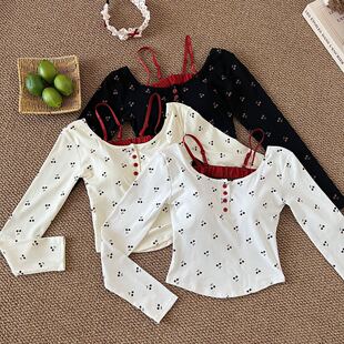 Fake Two-Piece Cherry Print Button Long-Sleeved T-Shirt Women's Spring and Autumn Korean Style Casual All-Match Slim-Fit Slimming Top for Women