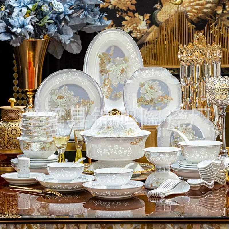 Linglong Porcelain Jingdezhen High Temperature White Porcelain Dishes Ceramic Tableware Whole suit Light Luxury Gift Home Housewarming