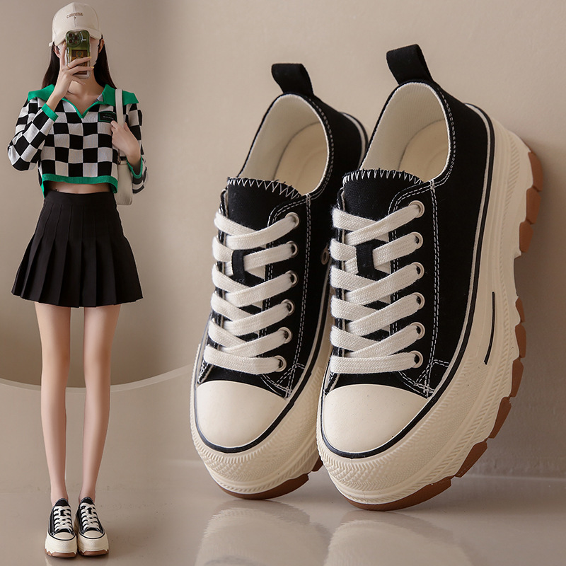 2025 Summer New Ins Korean Style White Shoes for Women Trendy Student Thick-Soled Breathable Canvas Shoes Casual Sneakers Br301