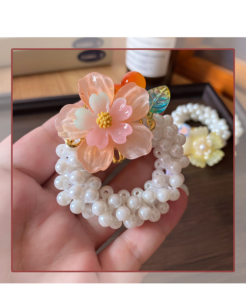 Beaded Design Elegant Style Elegant Kid'S Flower Imitation Pearl Resin Beaded Hair Tie