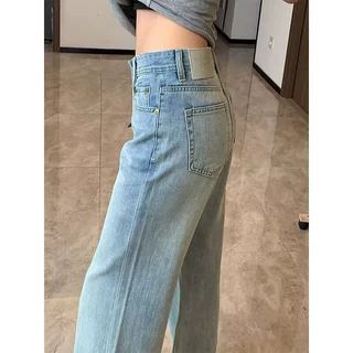 大码胖mm浅色高腰微喇牛仔裤女夏季美式新款百搭宽松显瘦马蹄长裤