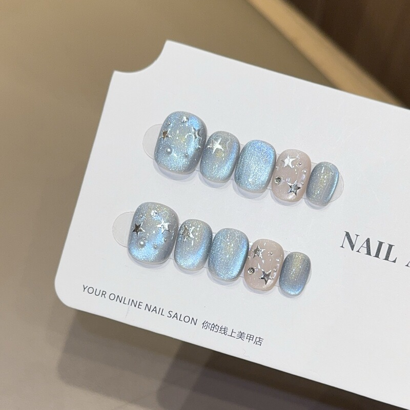 Sweet and Cool Ins-Style Blue Star Cat-Eye Handmade Wearable Nails Short Nail Art Stickers Fake Nails Sweet and Cool Ins-Style Blue Star Cat-Eye Handmade Wearable Nails Short Nail Art Stickers Fake Nails