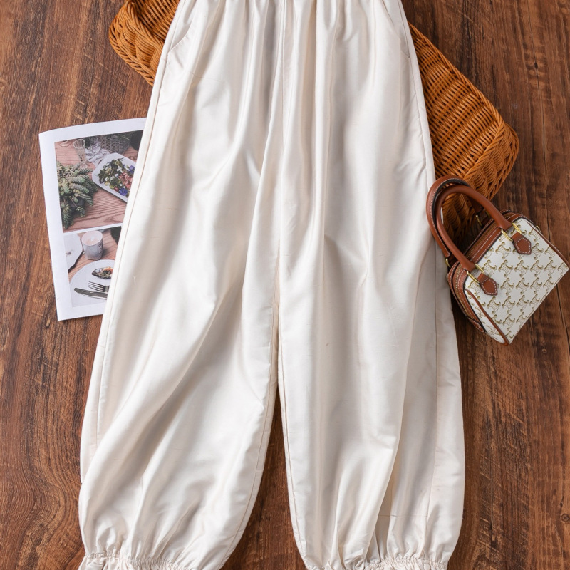 Double-Layer Air Silk Carrot Pants! Structured Fit! Silk Elastic Waistband, Mulberry Silk Elastic Ruffled Hem, Cropped Pants for Women