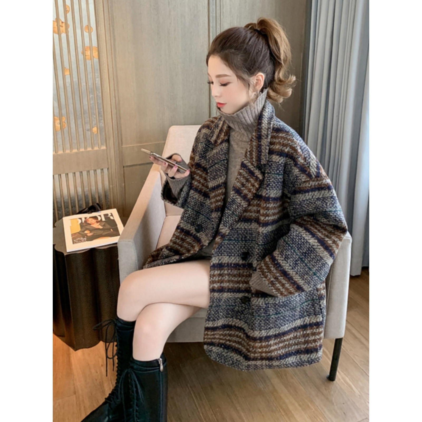 Trendy New Women's Blazer Autumn Winter 2025 Loose Petite Plaid Tweed Mid-Length Thick Wool Coat