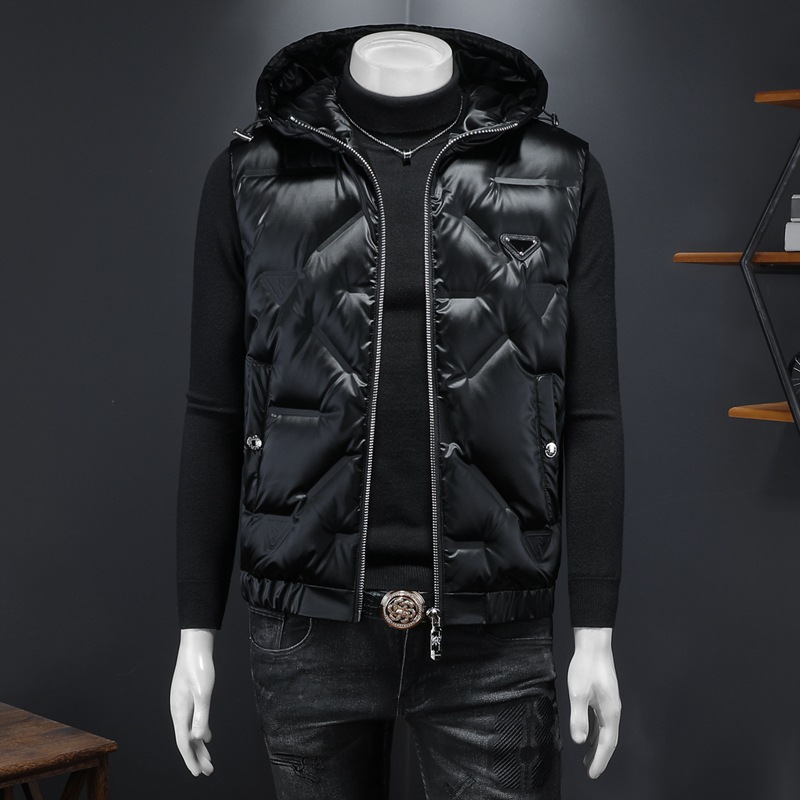 유럽 역 2024 겨울 새로운 남성 패션 캐주얼 후드 화이트 오리 다운 조끼