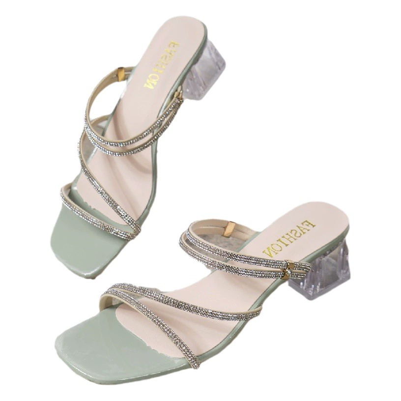 Босоножки интернет-знаменитостей со стразами женские 2023 летние новые туфли на высоком каблуке в британском стиле модные удобные двухсторонние сандалии на массивном каблуке