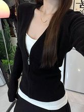 美式假两件撞色拉链打底T恤女春秋新款设计感修身显瘦长袖上衣潮