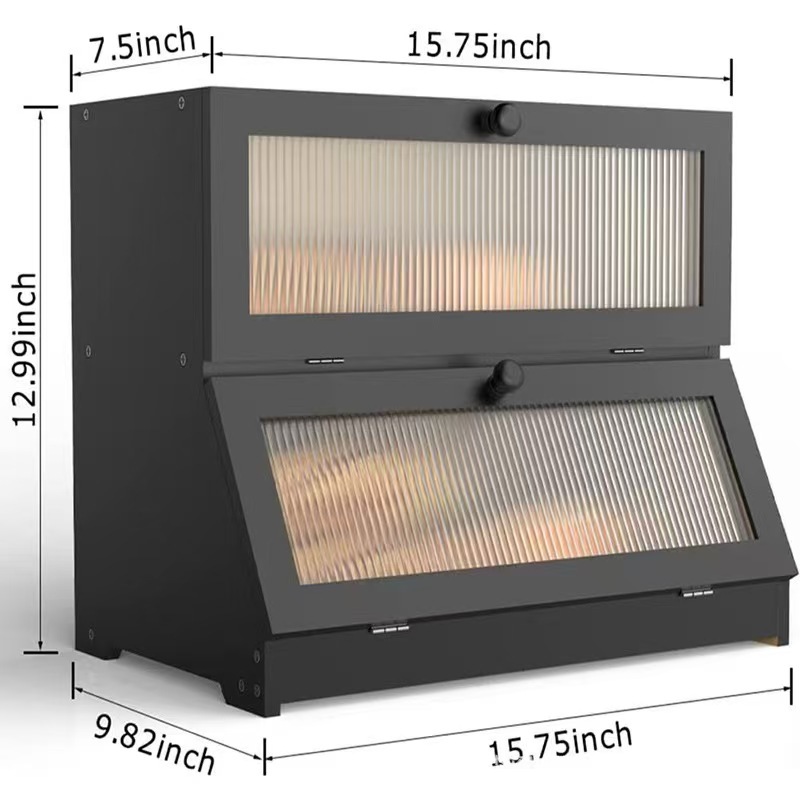 Caja de pan de bambú de dos niveles en stock, caja de pan de madera maciza con puerta corredera desmontable, caja de almacenamiento de cocina de tres niveles con cajones.