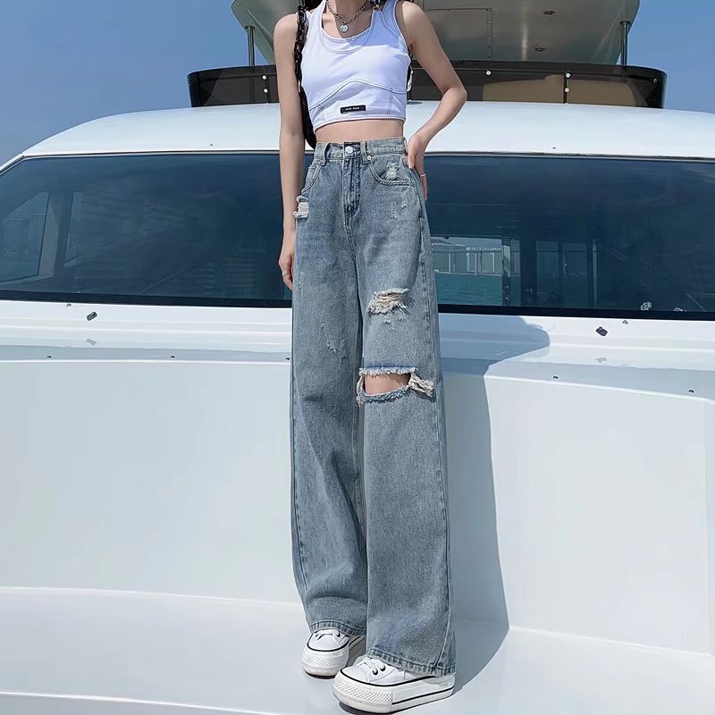 High Waist Straight Ripped Jeans Women's Summer Thin 2022 New Loose Draped Wide Leg Floor Pants Women
