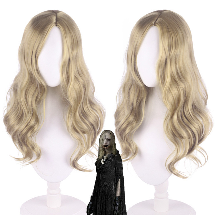 Blue Gold Resident Evil 8 Village Bela Cosplay Wig Light Golden Color with Middle Parting and Curly Hair Blue Gold Resident Evil 8 Village Bela Cosplay Wig Light Golden Color with Middle Parting and Curly Hair