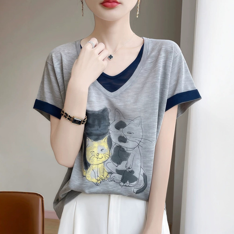 Bamboo Cotton Fake Two-Piece V-Neck Short-Sleeved T-Shirt for Women 2025 Summer New Thin Style Loose Slimming Casual Age-Reducing Top