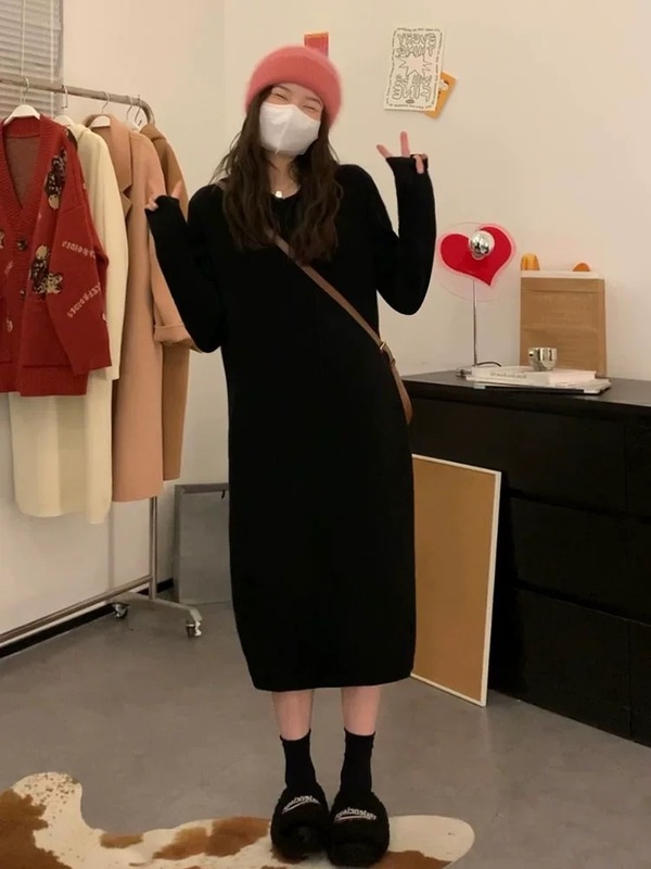 2025秋冬新款连帽显瘦针织连衣裙子女配大衣宽松打底内搭毛衣长裙|undefined