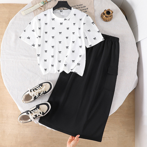 Girls 'suit, foreign trade children's wear, 2025 summer new style, bow bow printed short-sleeved shirt, two pieces, skirt
