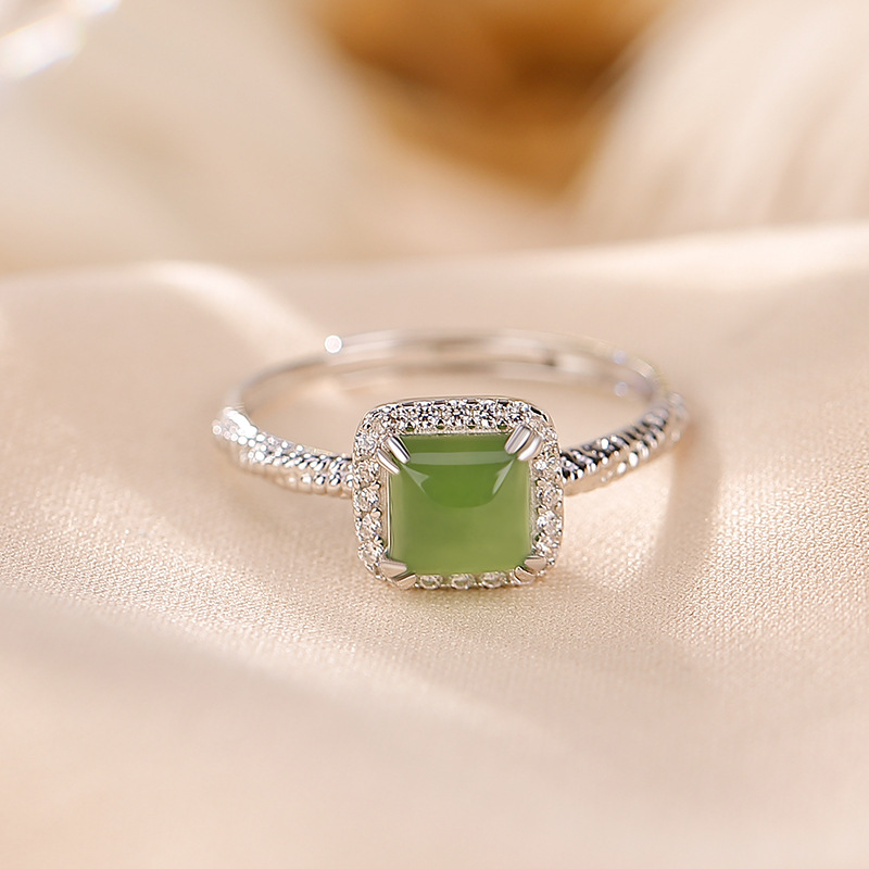 Nhẫn nữ bạc S925 mạ vàng đính đá zircon vuông thời trang — Kiểu mạ bạch kim