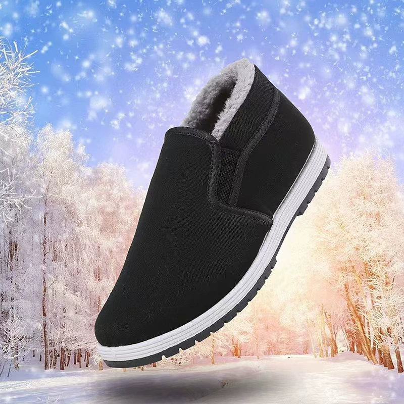 Зимняя черная ткань обувь со slip-on, бархатная подкладка, мягкая подошва, мужская рабочая и теплая повседневная