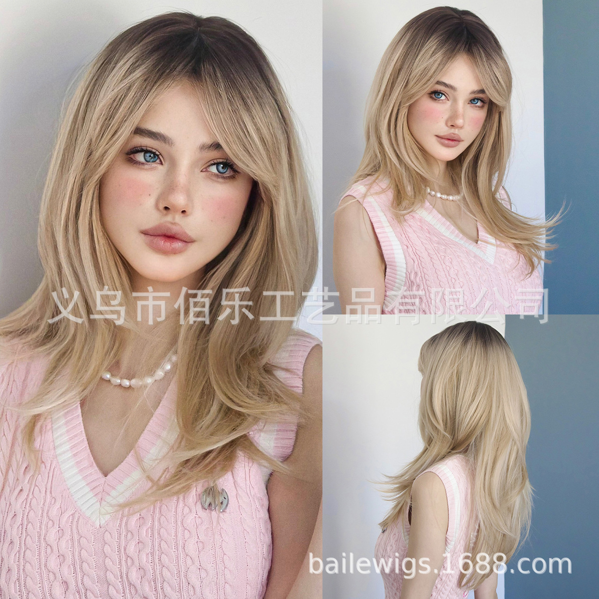 Estilo japonés y coreano Peluca de fibra química cubierta de la cabeza completa de ocho palabras Bangs Marrón Gradiente natural largo cabello liso cabello sintético