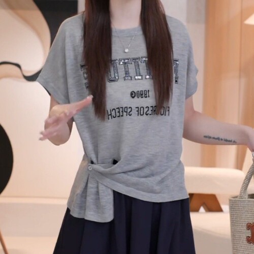 Irregular slanted short-sleeved T-shirt for women's summer thin style design and fashionable letter sequins loose and slim versatile top