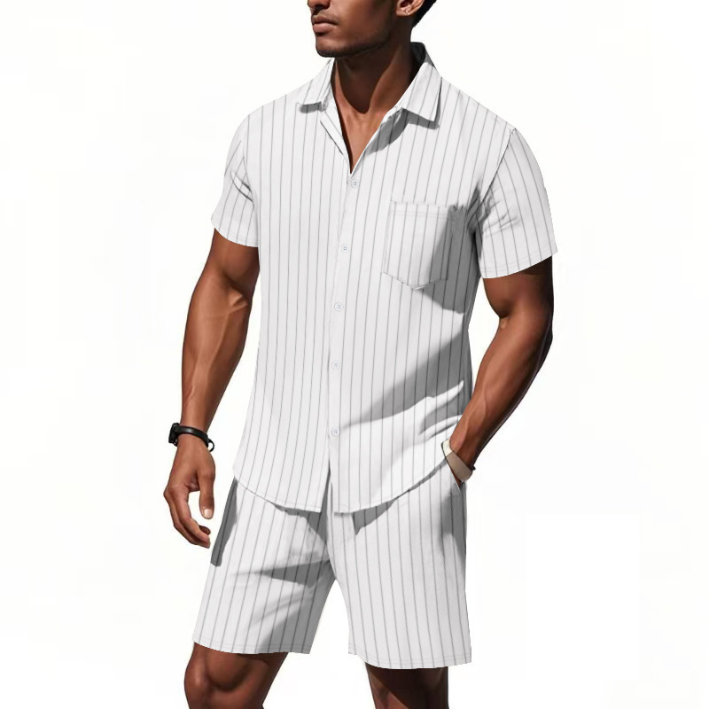 Traje de lino de verano de Amazon transfronterizo Camisa de manga corta suelta jacquard a rayas para hombre Pantalones cortos de playa de dos piezas