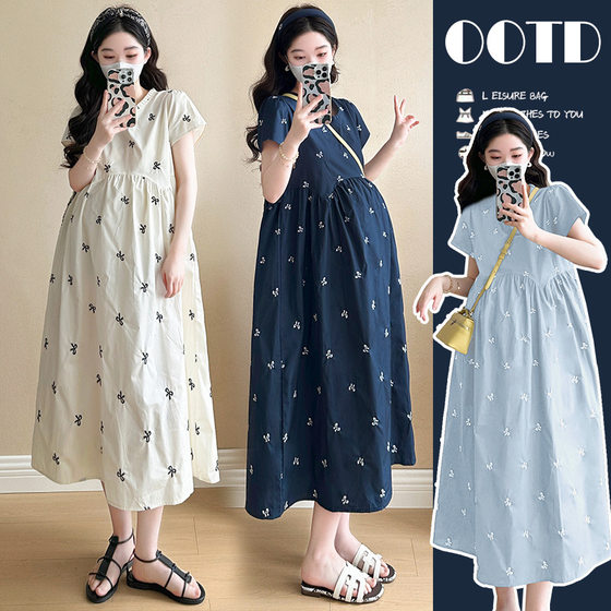 Pregnant Women's Cotton dress Summer 2025 New French Loose plus size High Sense Maternity Dress Short Sleeve Pregnant Women's Dress