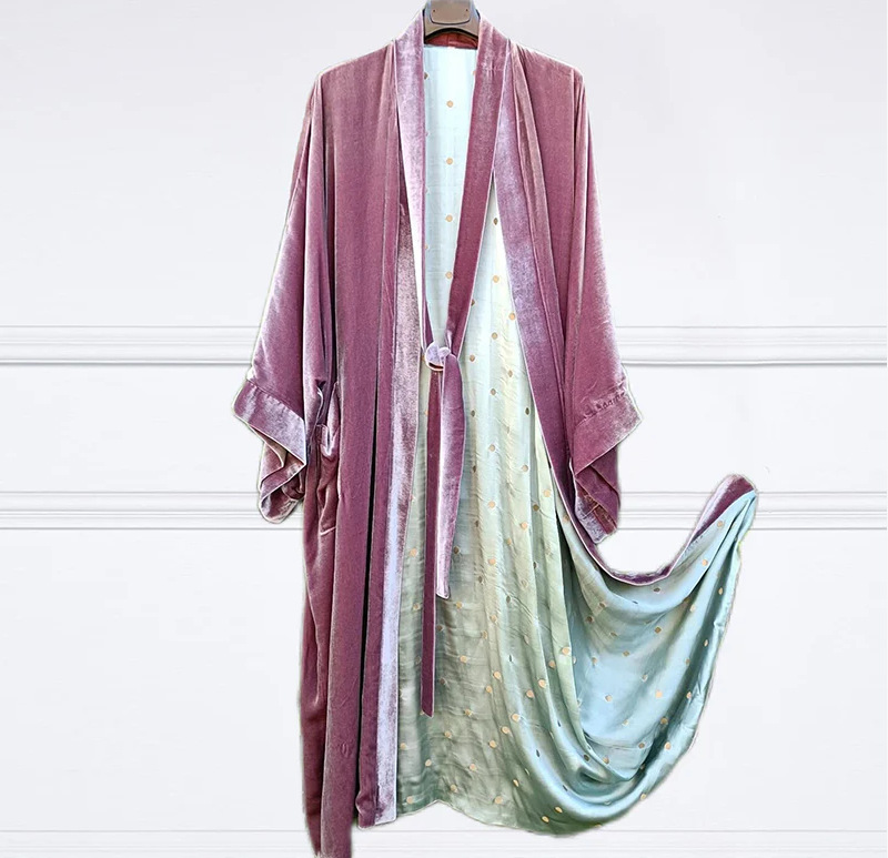 ​​Plus Size Korean Velvet Robe Dress – Floral Print Satin Kimono With Long Belt For Lounge, Sleepwear & Home Wear (S-3XL)​​_ecoleips.com