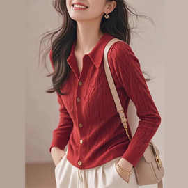 法式复古翻领软糯毛衣女士秋季新款慵懒风红色长袖针织开衫上衣