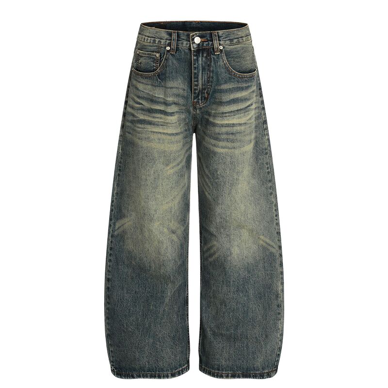 G6905 American High Street Men's and Women's High-End Retro Whiskered Washed Design Men's Loose Scimitar Jeans